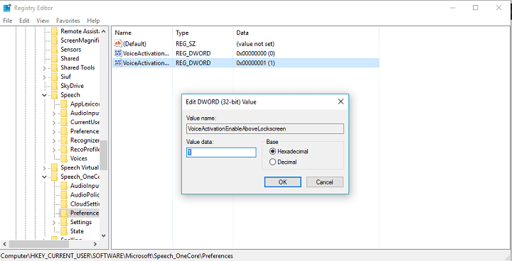 Установка значения 1 для VoiceActivationEnableAboveLockscreen в реестре