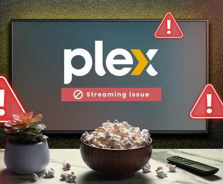 A TV with the Plex logo displaying a streaming error, with a popcorn bucket and a remote control in front.