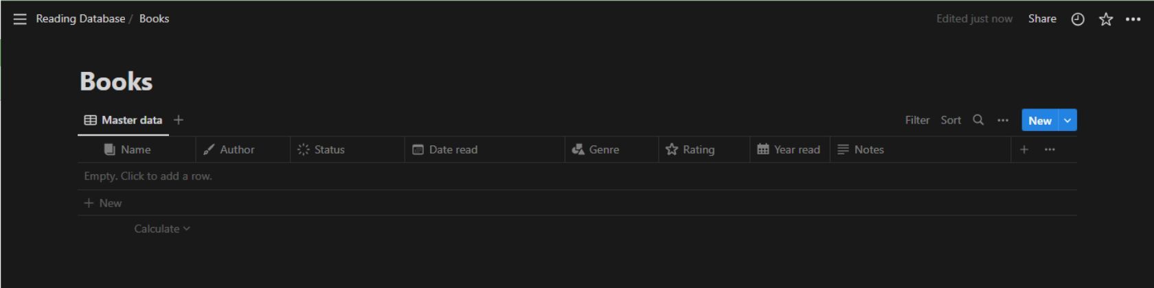 Скриншот Notion с настраиваемыми полями в базе данных Book Tracker