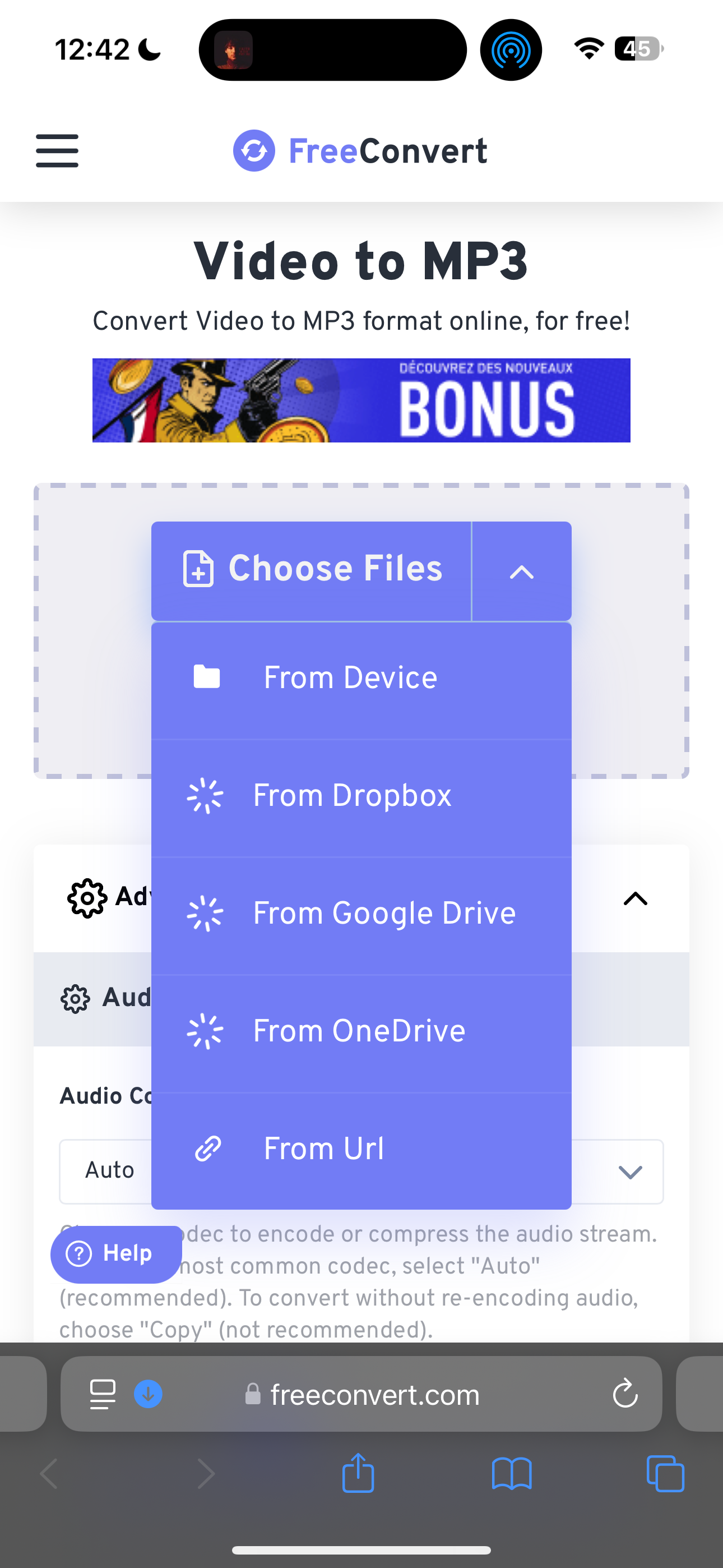Выбор файла для конвертации в FreeConvert