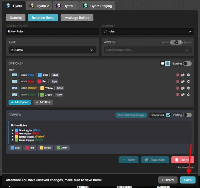 Кнопки Reaction Roles в выбранном канале Discord