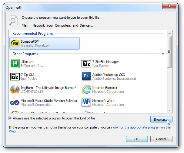 Диалог Выбрать приложение для открытия файла