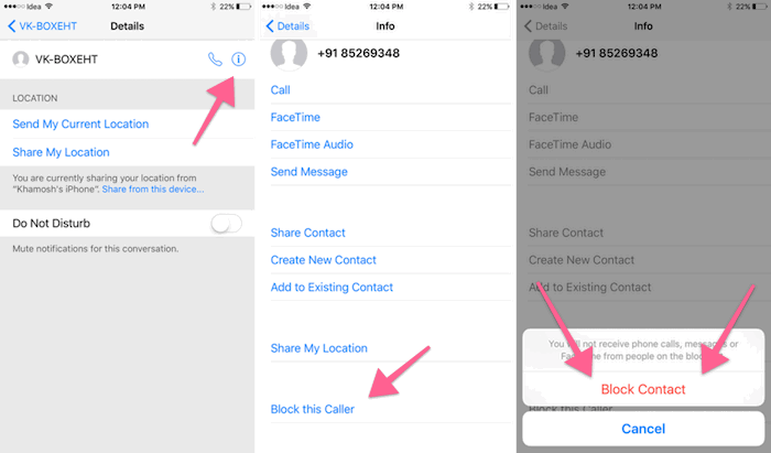 Экран сведений о контакте с опцией блокировки