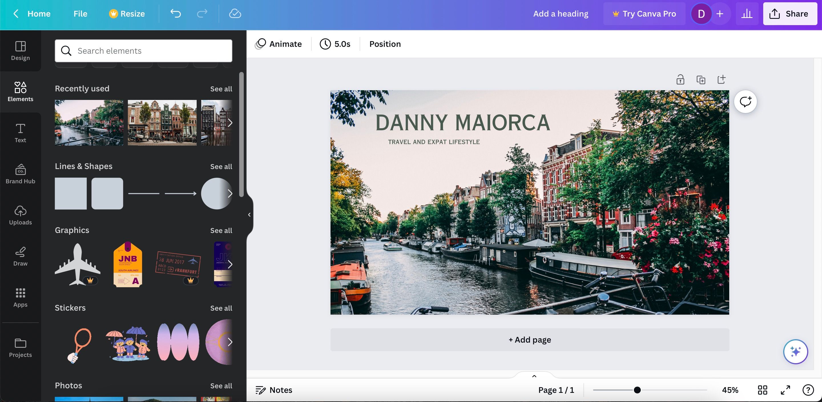 Раздел «Элементы» в Canva, раскрытая панель