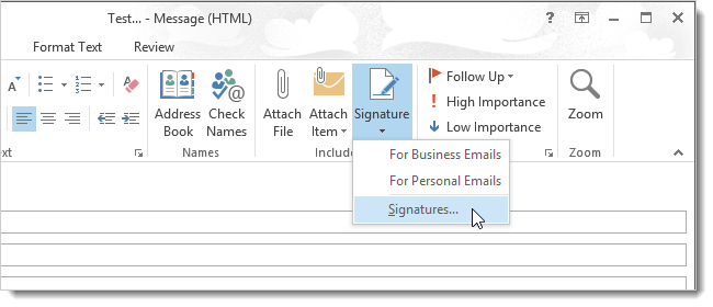 Доступ к Signatures из окна нового письма