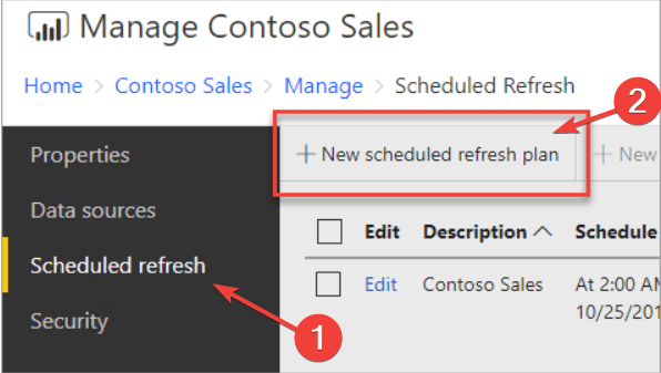 Выбор создания нового расписания обновления в Power BI