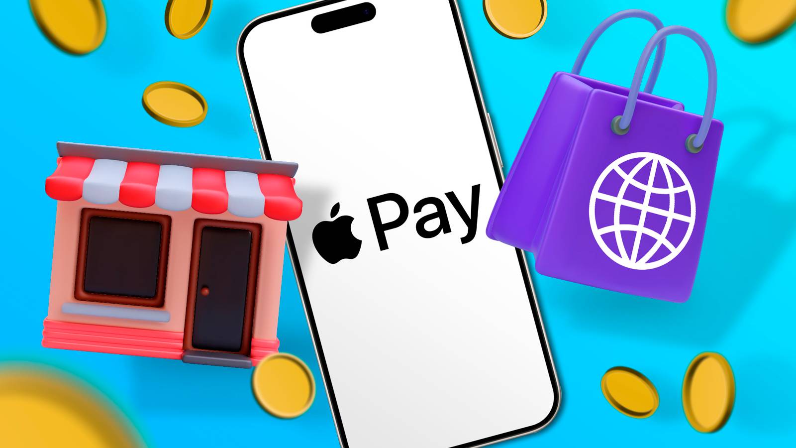 iPhone с логотипом Apple Pay слева и иллюстрацией магазина и онлайн-сумки справа.