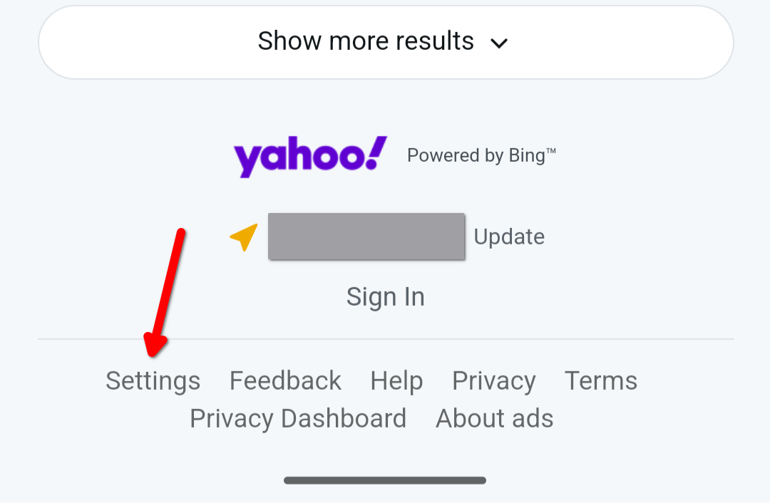 Кнопка Settings внизу страницы результатов Yahoo на мобильном