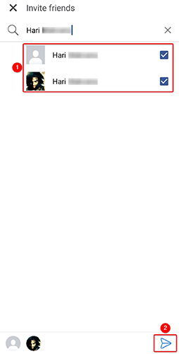 Выберите друзей для приглашения и нажмите иконку отправки.
