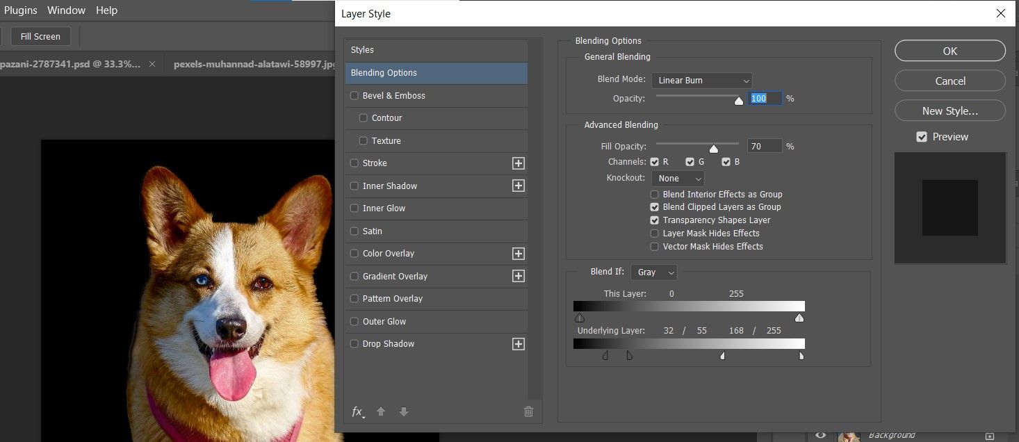 Настройки Layer Style для плавного врывного затемнения