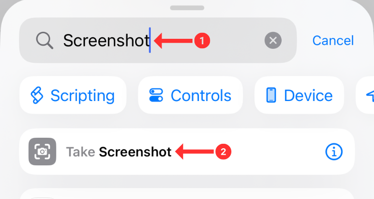 Поиск действия «Take Screenshot» в Shortcuts.