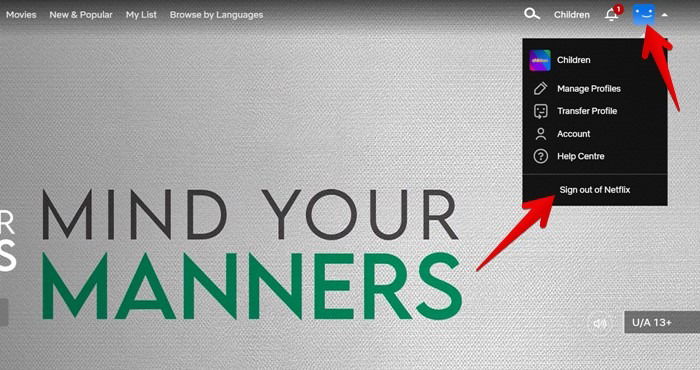 Вариант «Выйти из Netflix» в меню аккаунта на сайте