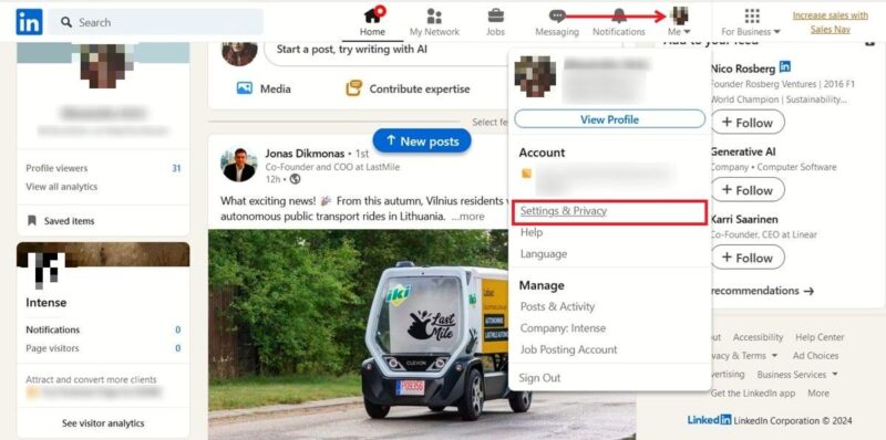 Пункт меню Настройки и конфиденциальность в LinkedIn на ПК