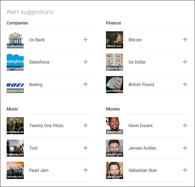 Список предложенных тем для добавления оповещения