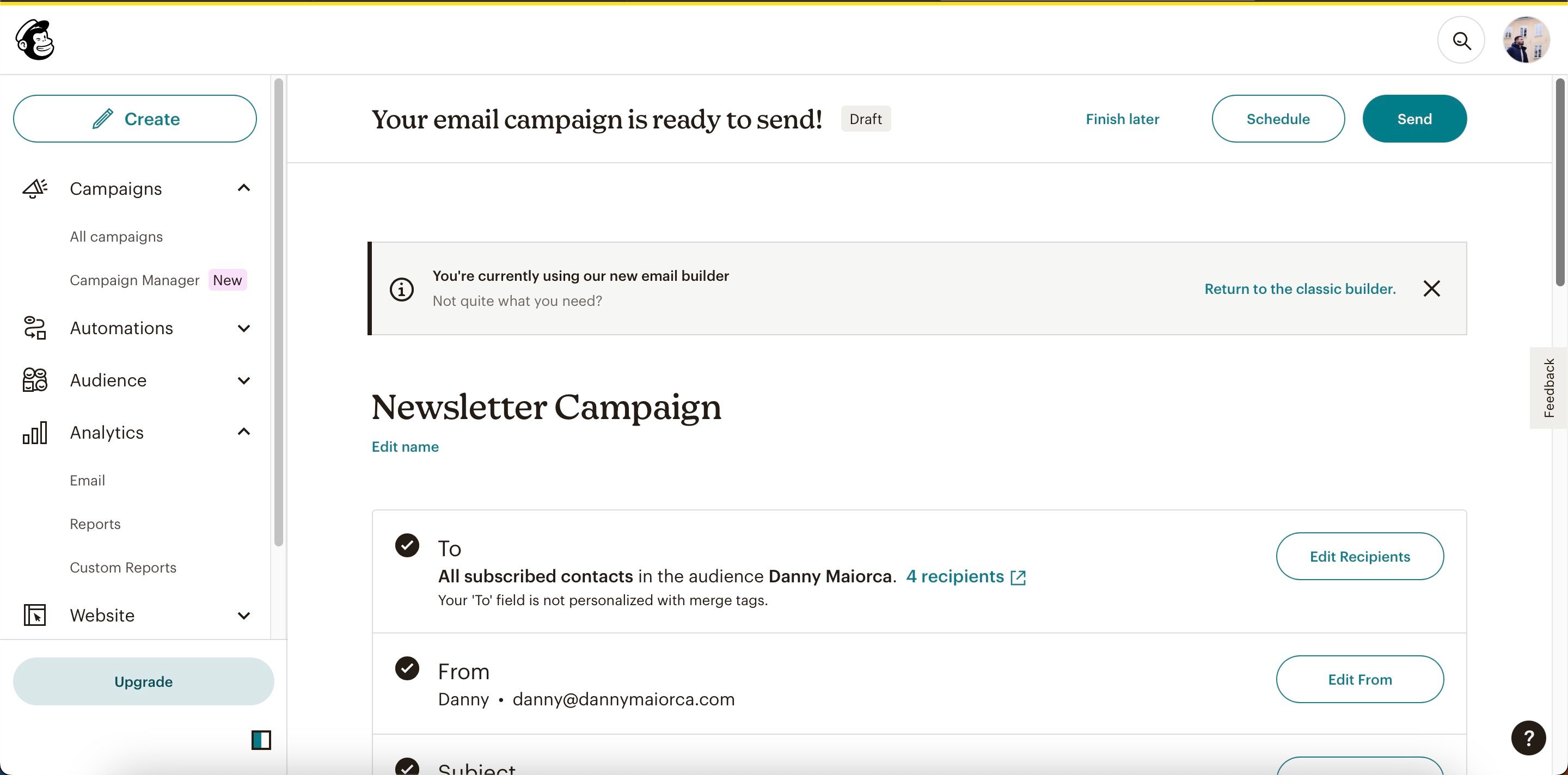 Кнопка отправки кампании в Mailchimp