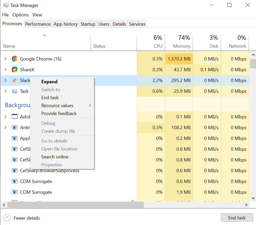 Контекстное меню процесса для завершения