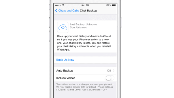 Экран iPhone с настройками резервного копирования WhatsApp