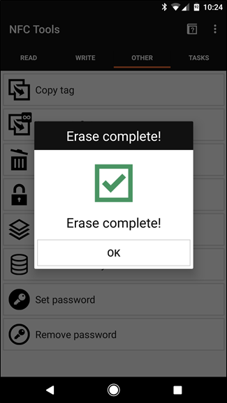 NFC Tools: уведомление об успешном стирании метки