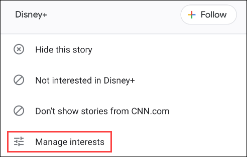 Меню карточки — пункт 'Manage Interests'