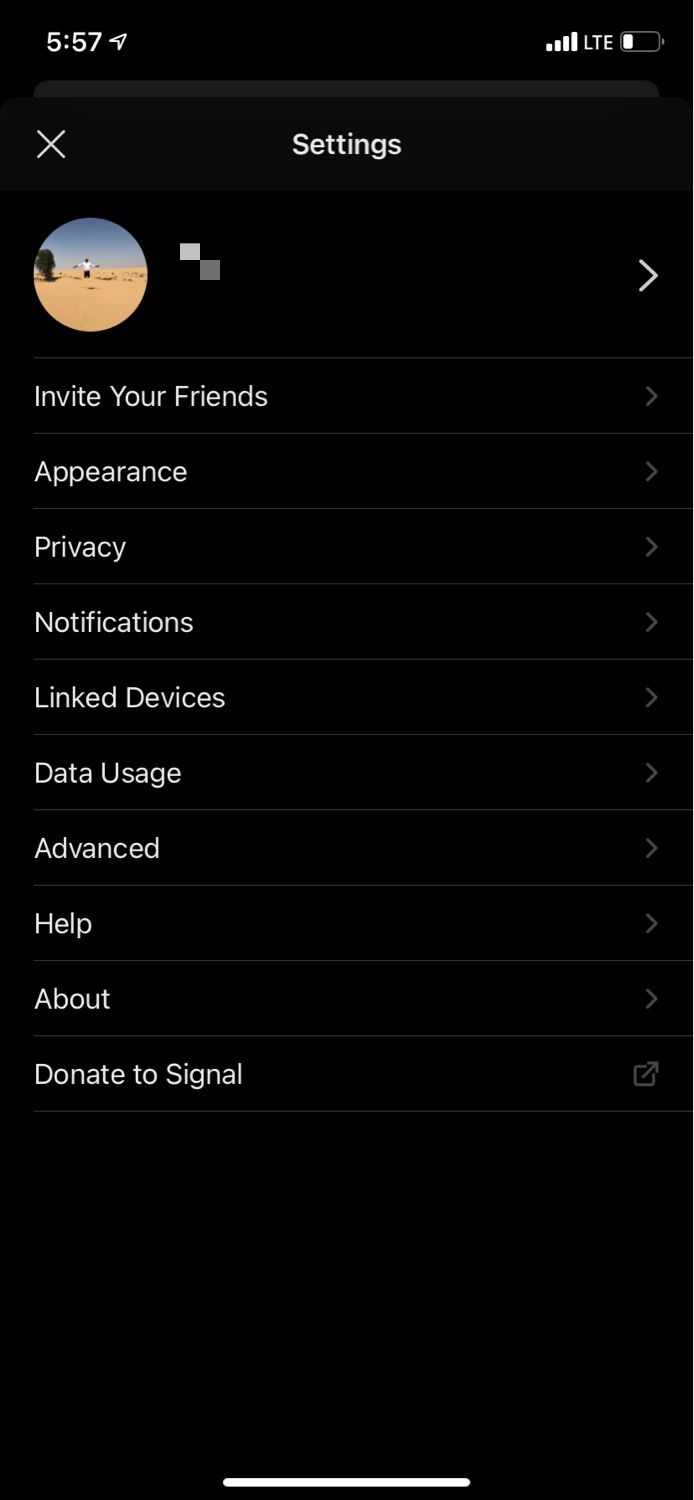 Домашний экран приложения Signal с доступом к настройкам