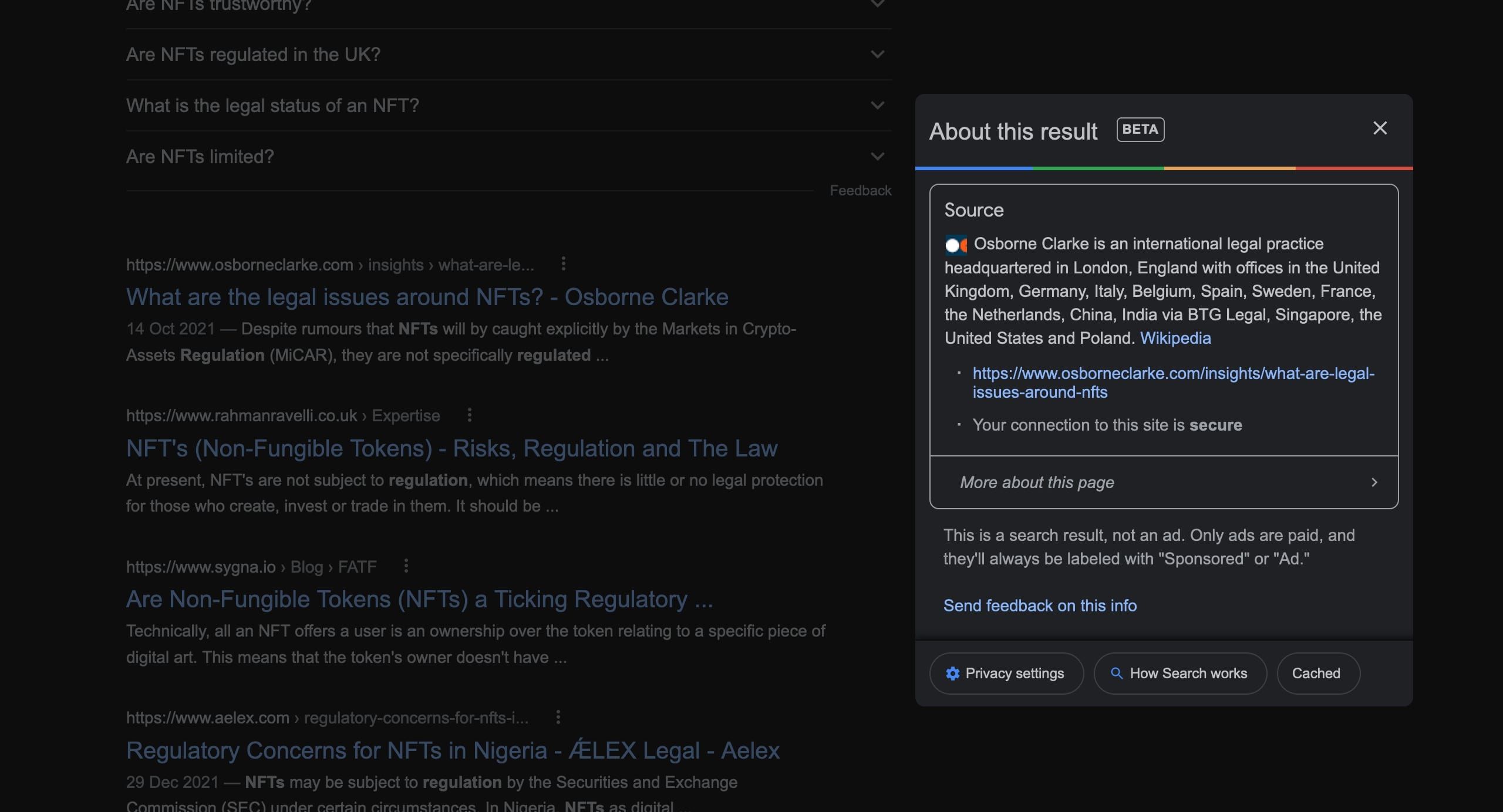 Скриншот страницы результатов поиска Google с вкладкой «О результате»