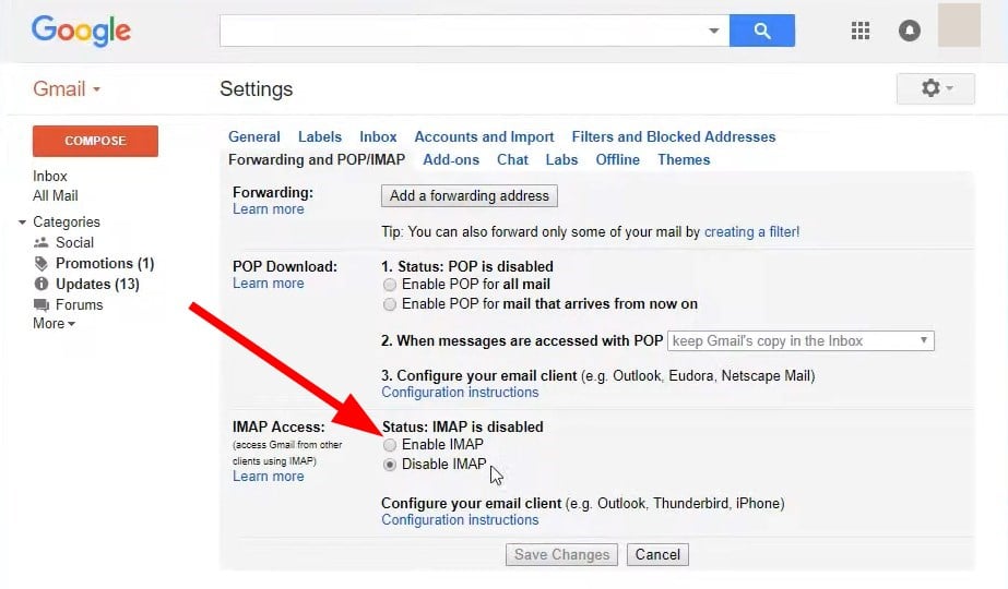 Опция 'Enable IMAP' в настройках Gmail