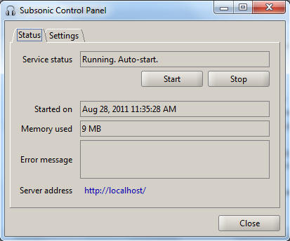 Subsonic в системном трее: значок управления сервисом