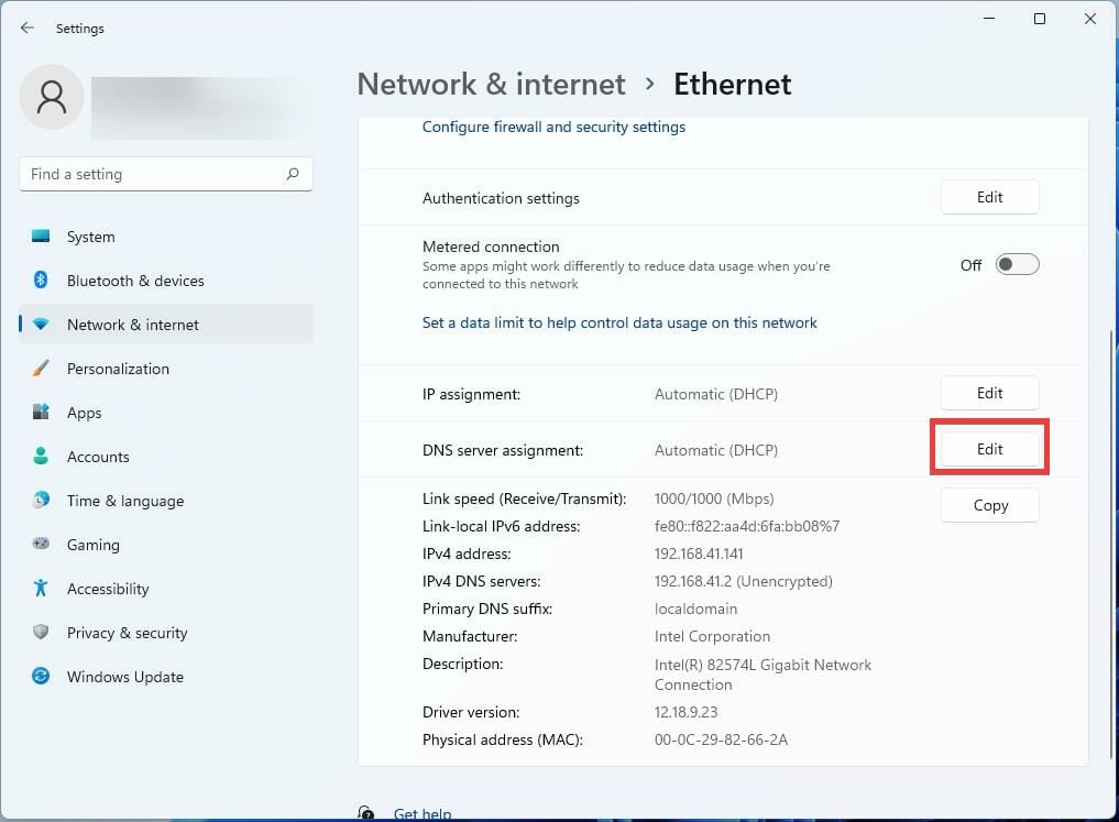 Pulsante Modifica per impostazioni DNS IPv4