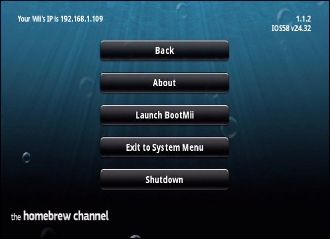 Меню BootMii на экране, опция резервного копирования NAND выделена