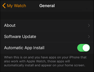 Переключатель 'Автоматическая установка приложений' включён в настройках Watch