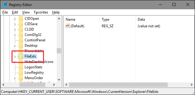 Навигация к ключу FileExts в Regedit