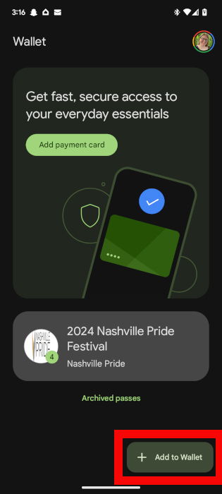 Выбрать Add to Wallet