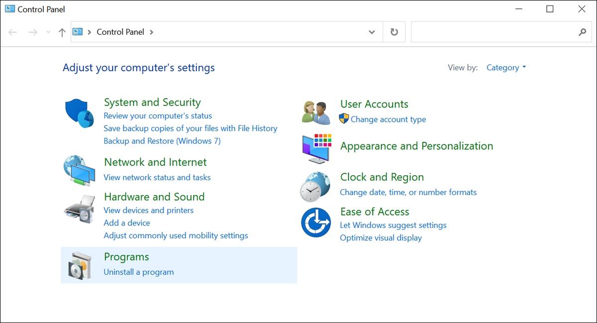 Опция 'Программы' в Панели управления Windows