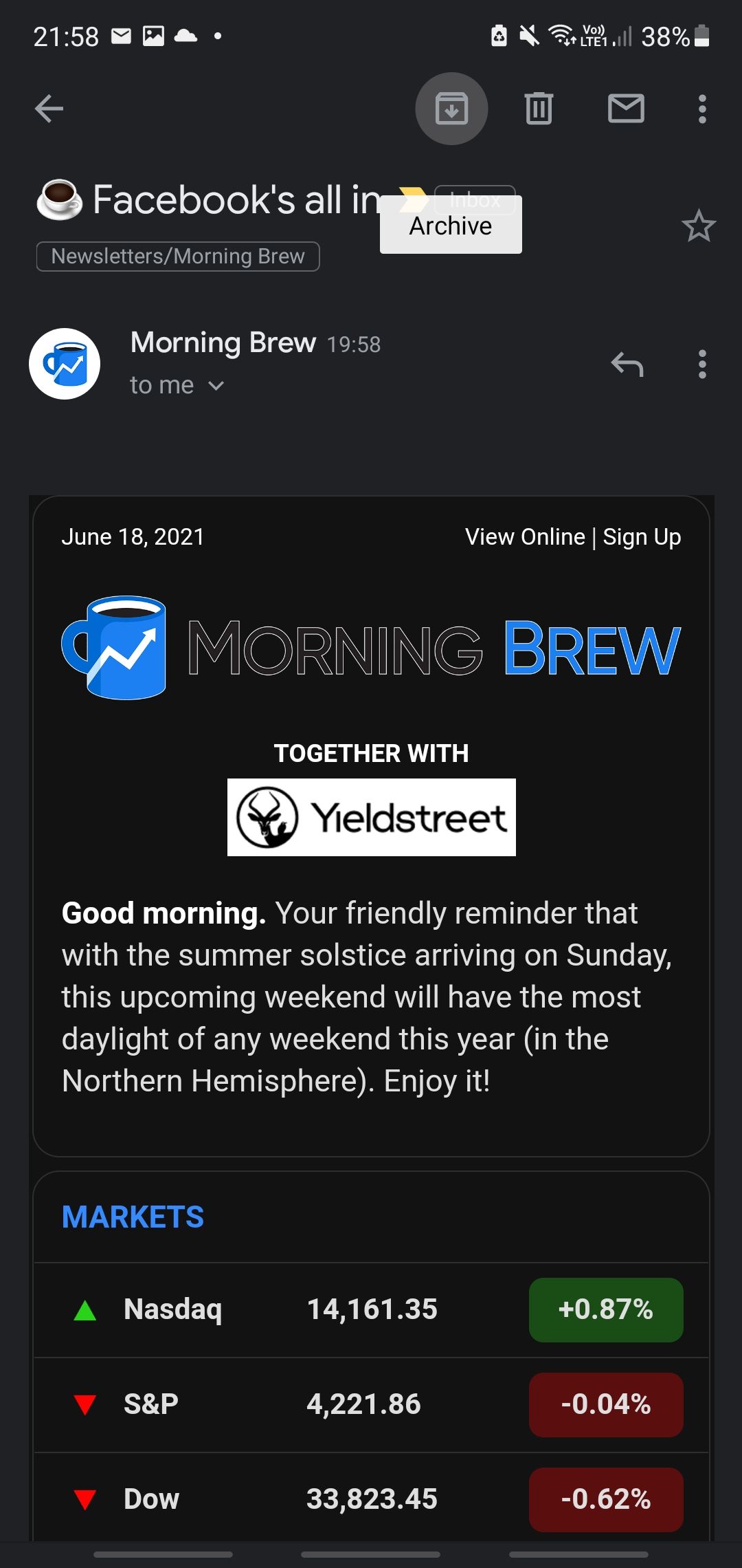 Archive button on Gmail email view