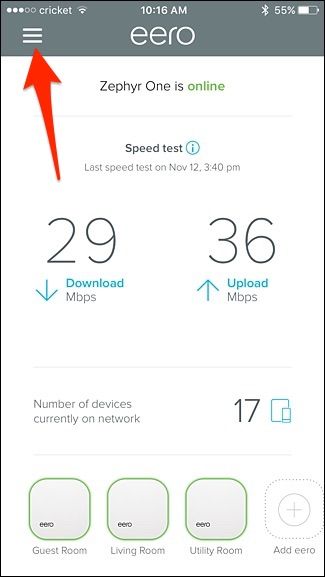 Выбор семейных профилей в меню Eero