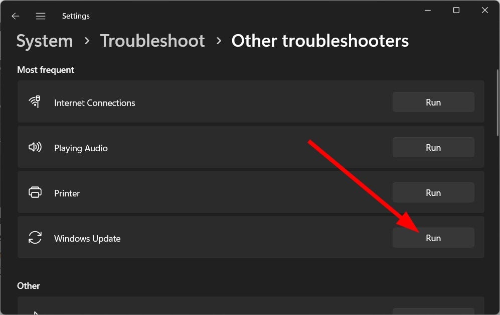 Кнопка 'Запустить' для Windows Update