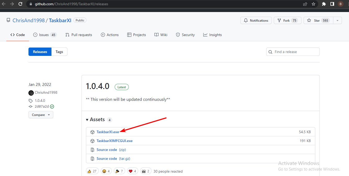 Загрузка TaskbarXI с GitHub, показывающая список Assets