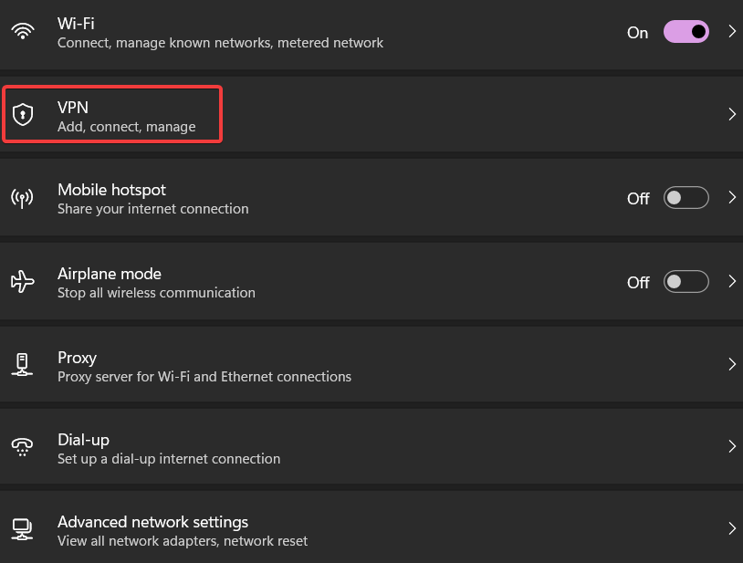 Скриншот: список VPN подключений