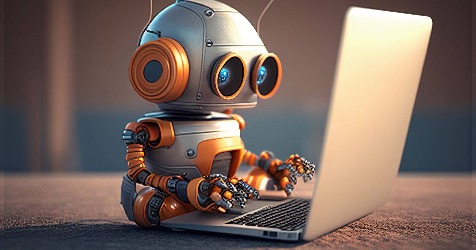 Небольшой оранжево-серебристый робот сидит на ковровом полу с ноутбуком перед собой.