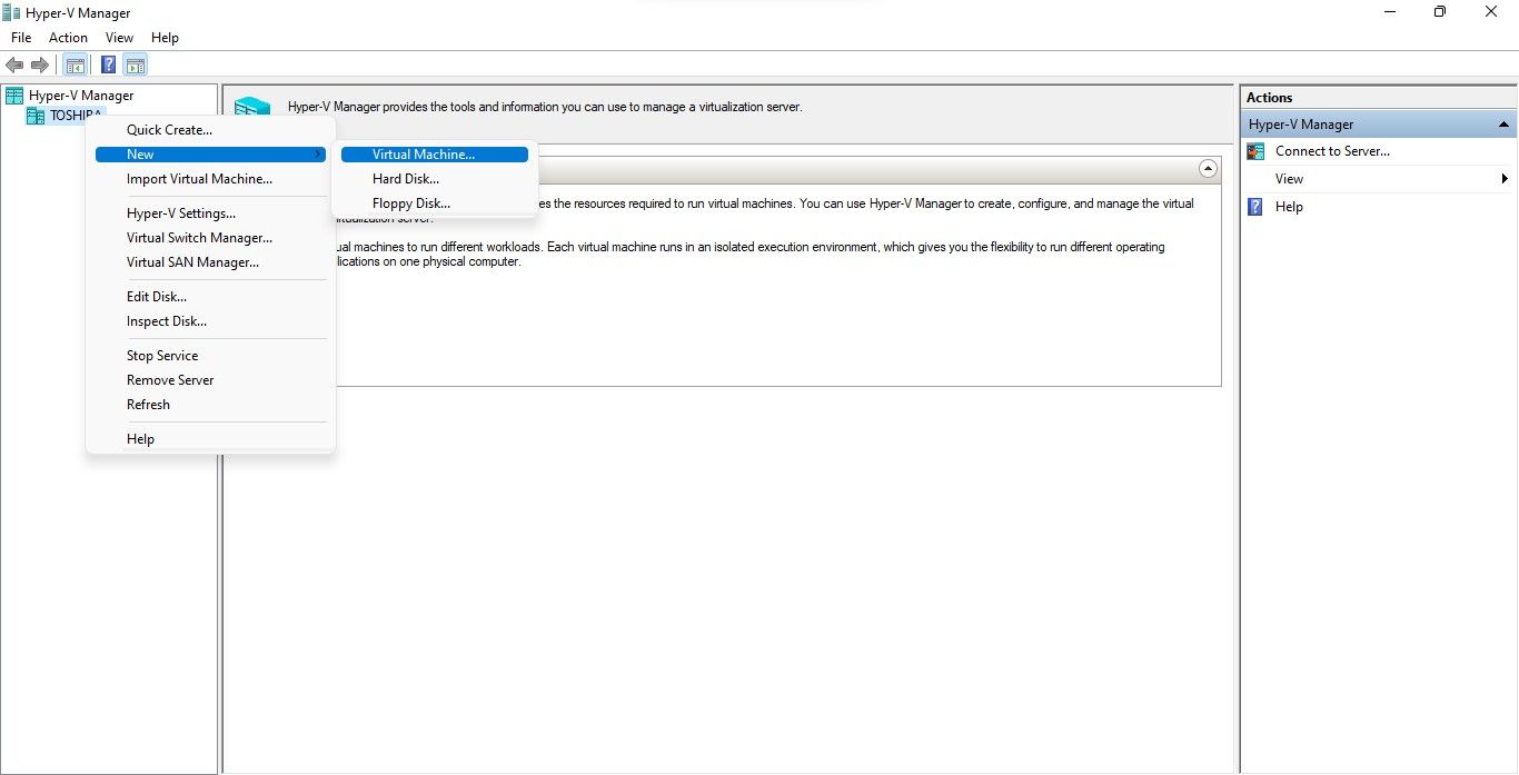 Создание виртуальной машины, щёлкнув по имени ПК в Hyper‑V Manager