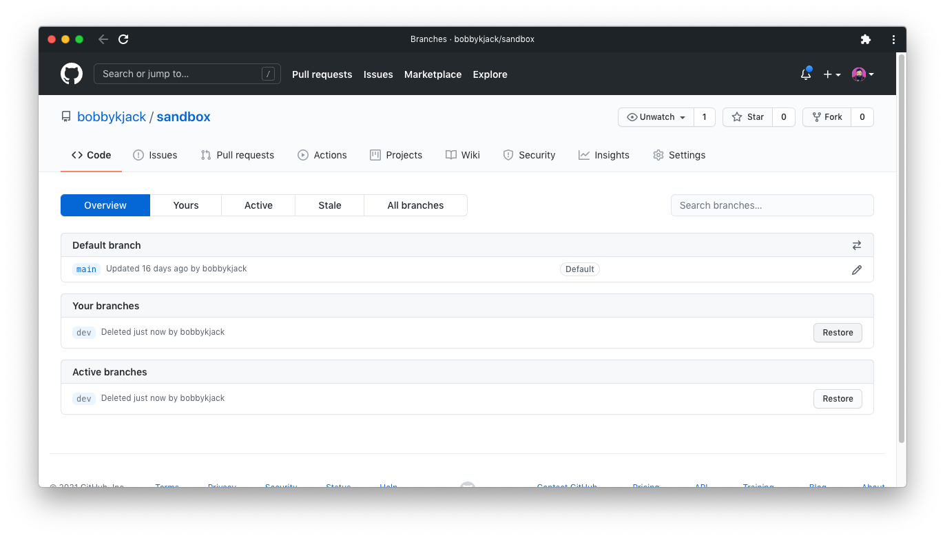 GitHub после удаления ветки с опцией восстановить