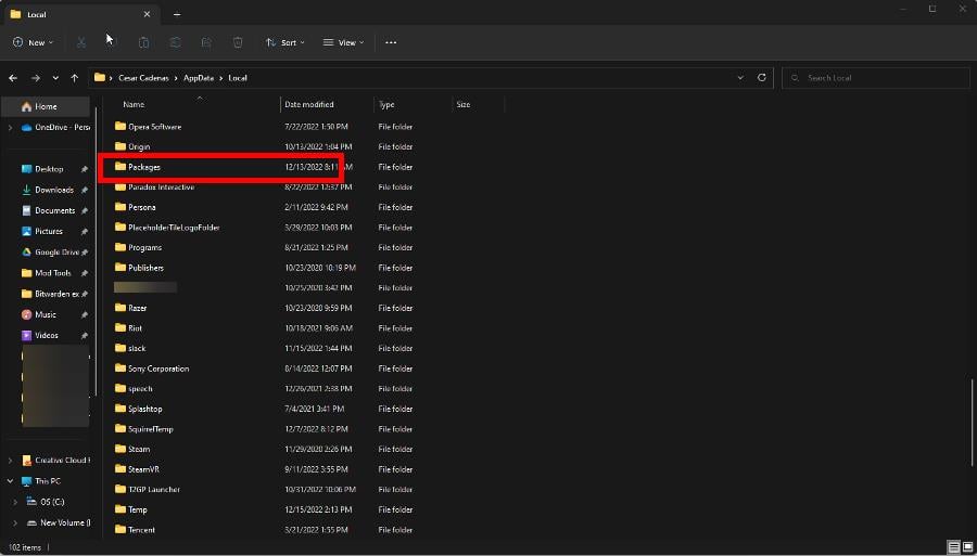 Папка Packages в AppData