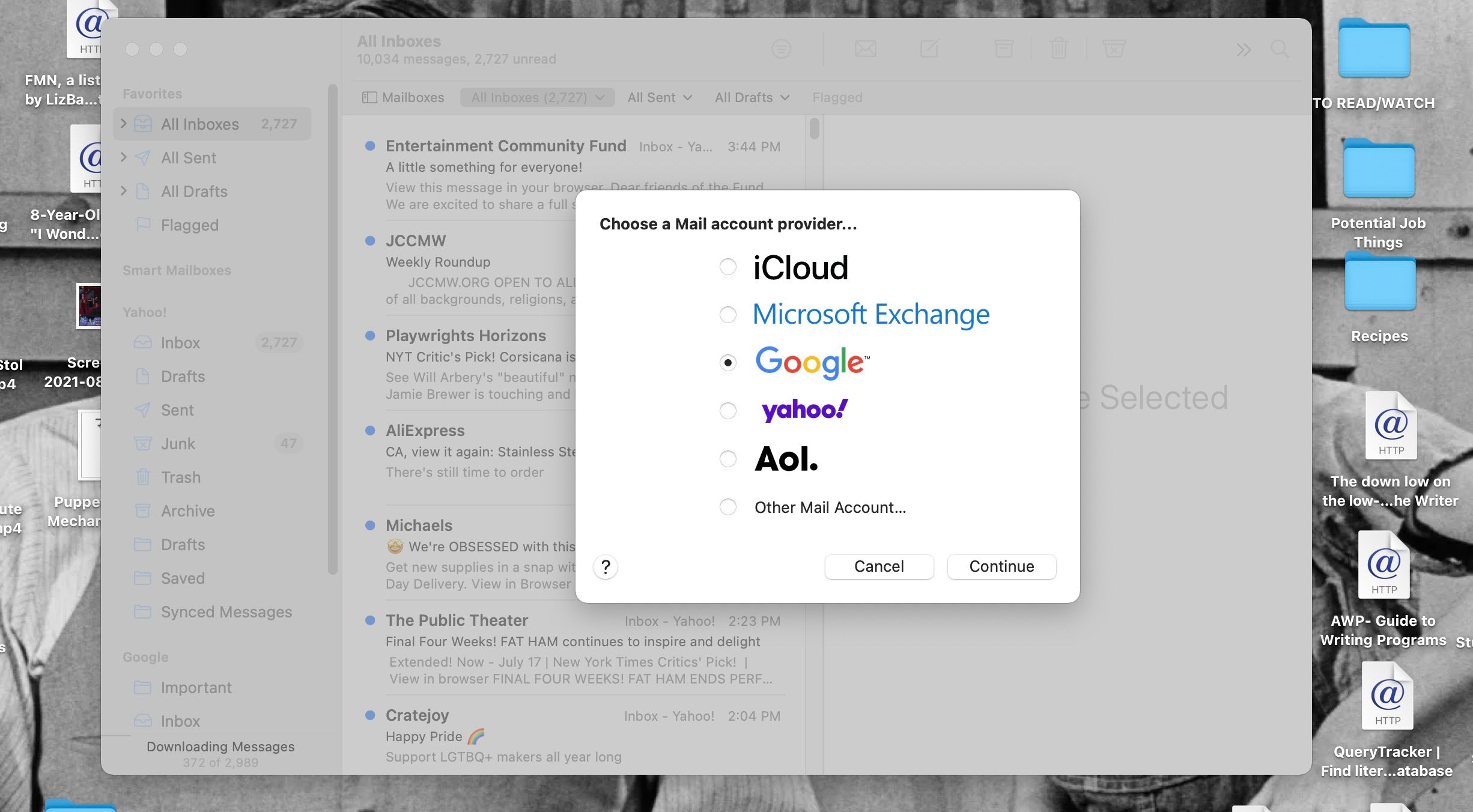 Окно выбора провайдера в Почте на Mac