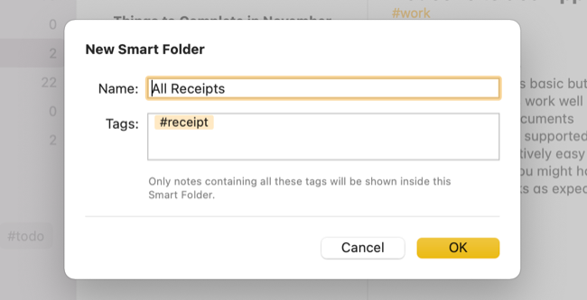 Экран создания умной папки в Apple Notes с выбором тегов