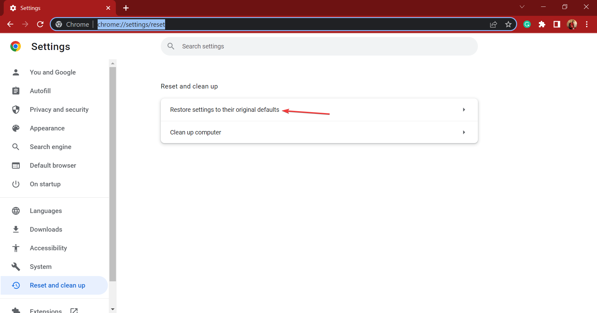 Восстановление настроек Chrome