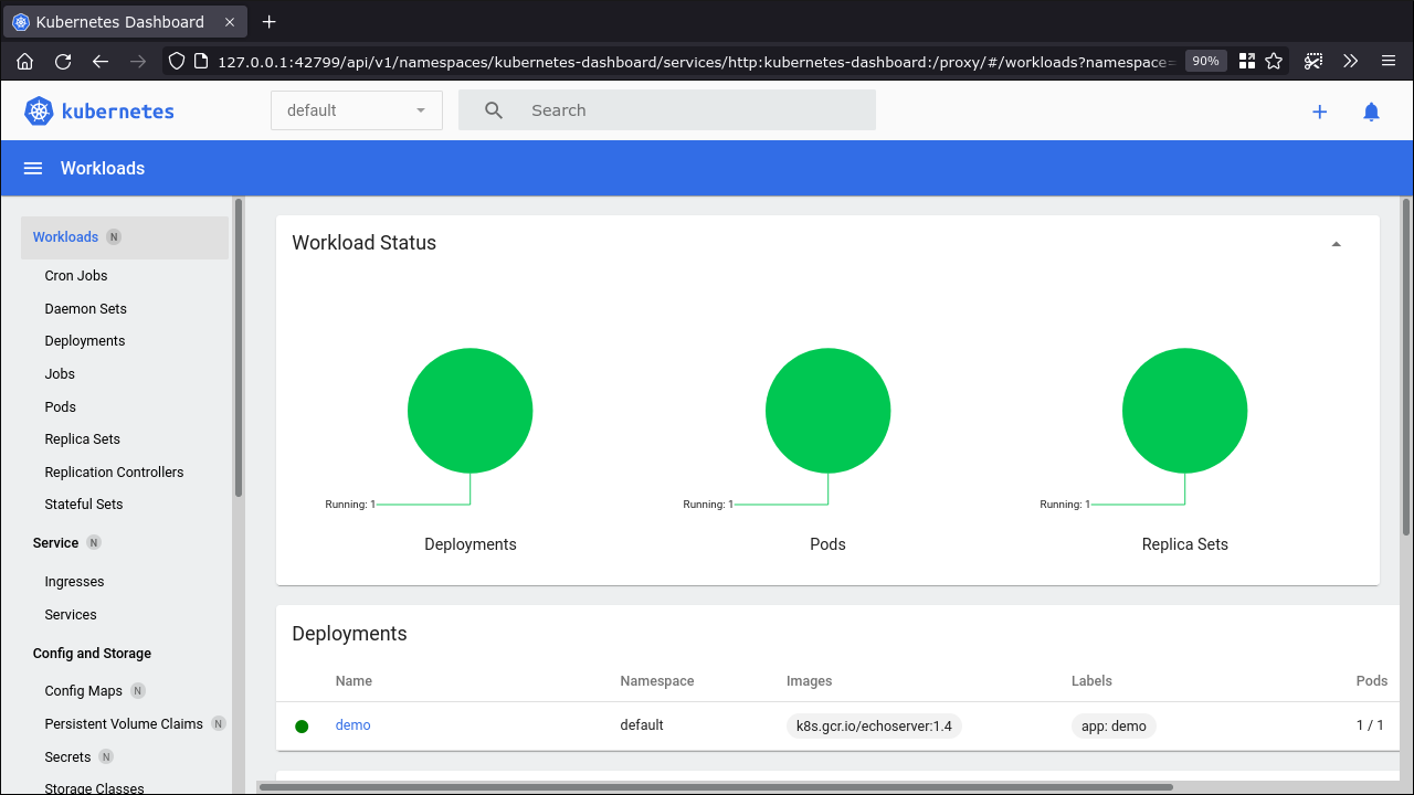 Скриншот панели управления Kubernetes, запущенной в Minikube