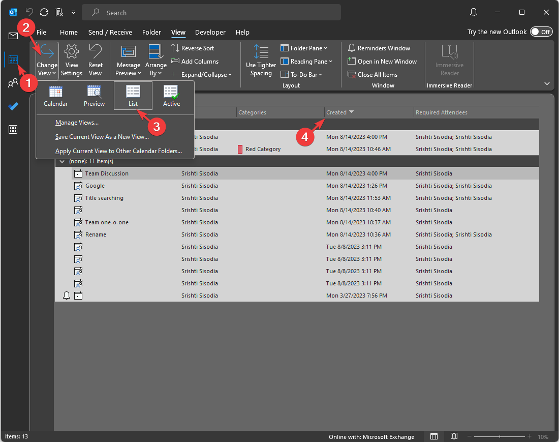 Столбец 'Created' со значениями дат создания событий