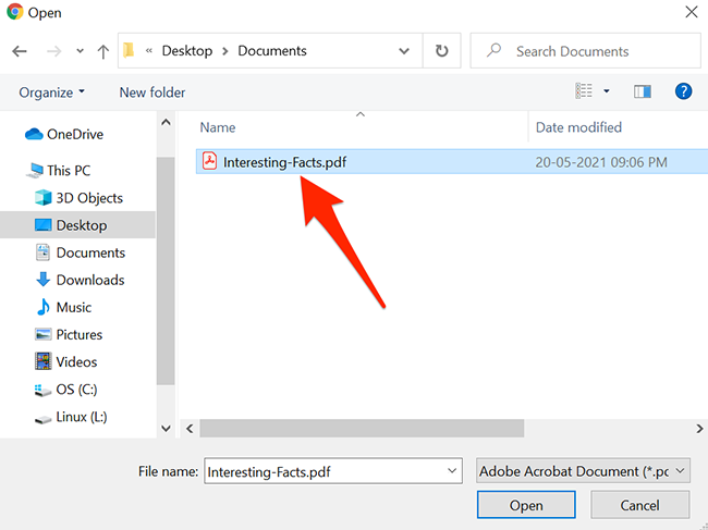Выберите PDF файл для загрузки на сайт конвертации Adobe