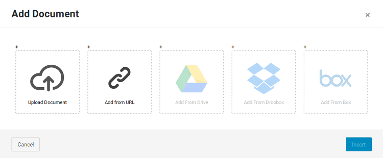 Скриншот: диалог добавления документа в Embed Any Document с опциями загрузки и вставки URL