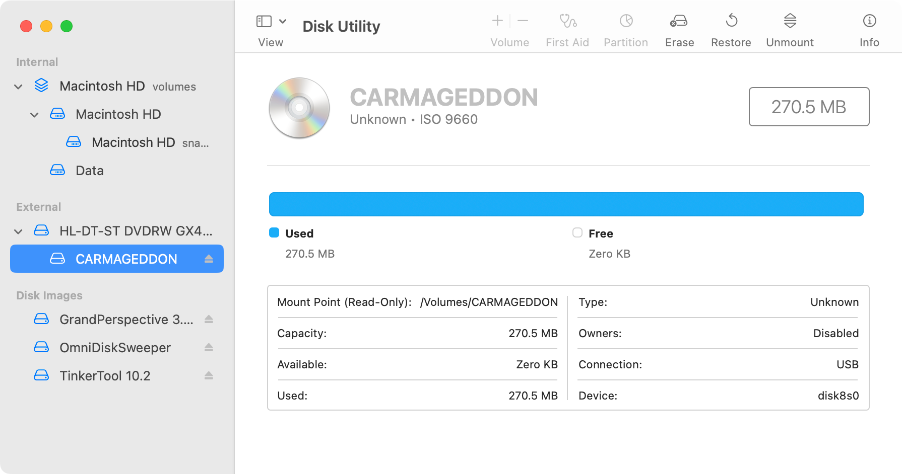 Дисковая утилита с выбранным томом диска